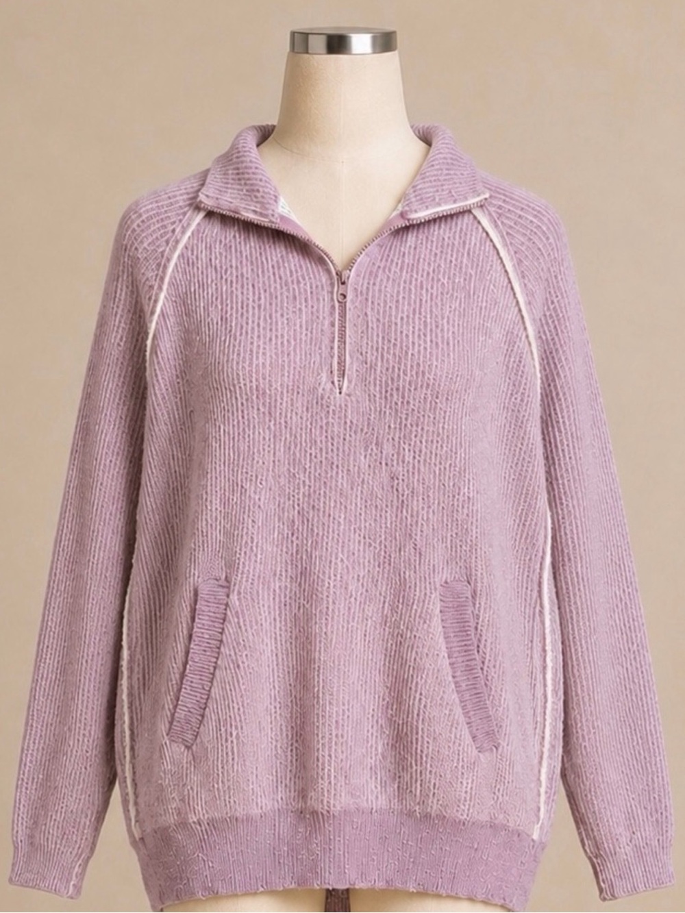 Bluivy Young Contemporary Mauve Ribbed Half Zip Pullover Sweater Pockets